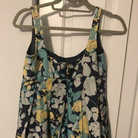 BCBG Paris Dress Floral Sleeveless Pleated Skirt Square Neck Silk Blue/Yellow 2 - Picture 10 of 13